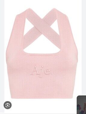 Aje Livadi Crop Pink Cross-Back Knit Logo Designer Top Revolve Lulu Skims